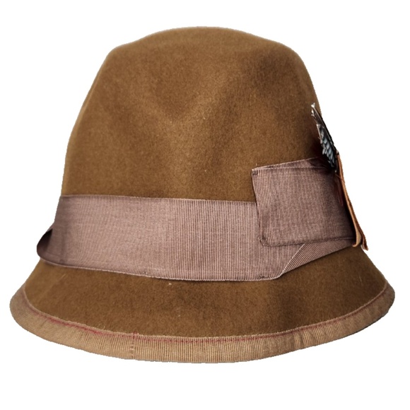 ELLEN PAULSSEN 100% Wool Germany Fedora Hat Green Brown + Feathers + Logo - Picture 5 of 8